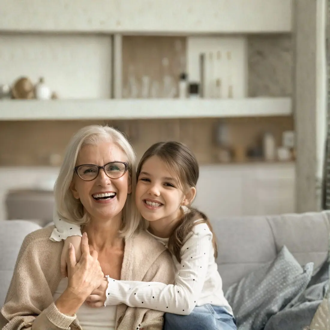 A grandmother and granddaughter smiling together at home
